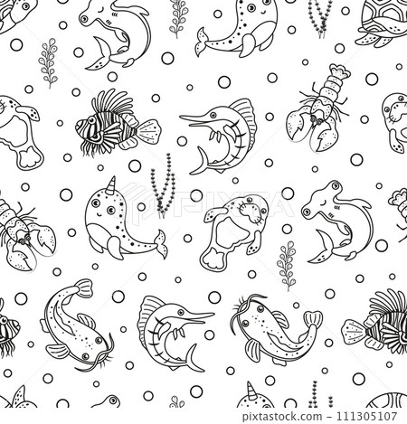 black and white seamless pattern with ocean fishes 111305107