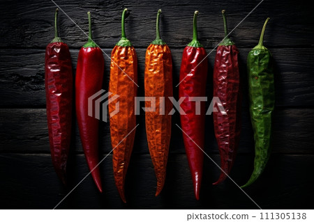 AI-generated content. Assorted spicy chili peppers. habanero, chipotle, and more 111305138