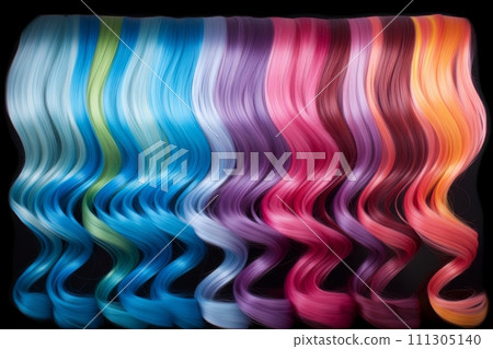 AI-generated content. Vibrant multicolored neon locks. glossy pastel shades for trendy hairstyles 111305140