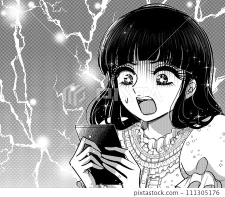 A retro manga-style girl looks at her smartphone and is shocked as if by lightning. A retro manga-style girl looks at her smartphone and is shocked as if by lightning. 111305176