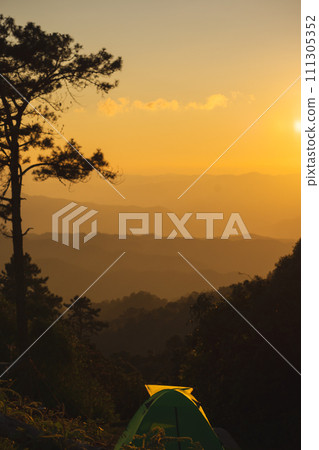 travel and people activity concept with large pine and camping tent with layer of mountain and cloudy sky background travel and people activity concept with large pine and camping tent with layer of mountain and cloudy sky background 111305352