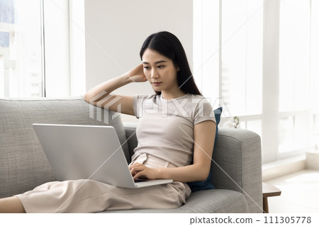 Focused young adult Chinese girl using online application on laptop Focused young adult Chinese girl using online application on laptop 111305778