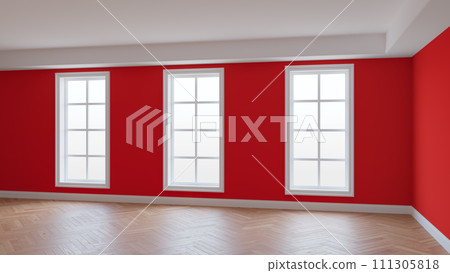 Interior with Red Walls, Three Large Windows, Light Glossy Herringbone Parquet 111305818