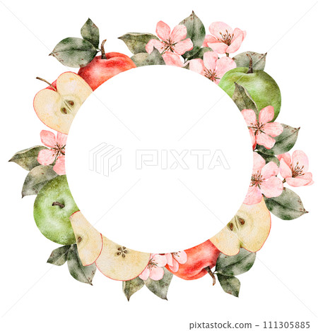 Watercolor blooming apple tree branches, green and red ripe Apples round frame. Hand drawn apple slices illustration for juice pack, card, invitation, tags 111305885