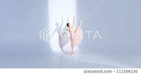 Graceful Ballet Beauty. Athlete showcases ballet prowess in white tutu against white studio backdrop, her shadow repeats her fluid movements. Graceful Ballet Beauty. Athlete showcases ballet prowess in white tutu against white studio backdrop, her shadow repeats her fluid movements. 111306230