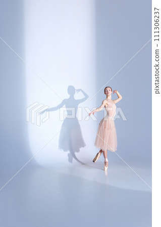 Ballet Elegance. Full-Length Portrait of graceful ballerina in traditional white tutu dances against white studio backdrop with her shadow. Ballet Elegance. Full-Length Portrait of graceful ballerina in traditional white tutu dances against white studio backdrop with her shadow. 111306237