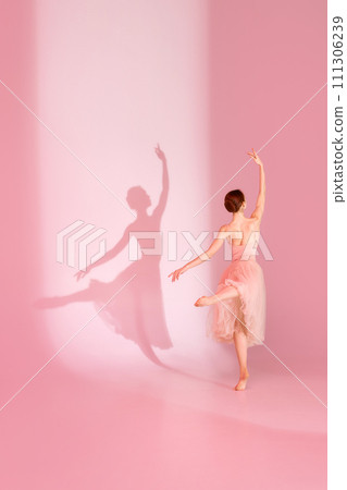 Balletic Beauty. Classic ballerina dances barefoot in pink dress against pastel pink background with her shadow. Balletic Beauty. Classic ballerina dances barefoot in pink dress against pastel pink background with her shadow. 111306239