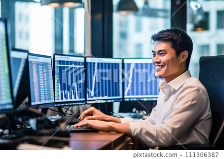 Trader checking stock prices and exchange rates 111306387