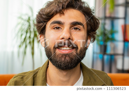 Happy calm man smiling friendly, glad expression, feel satisfied concept good news, celebrate win Happy calm man smiling friendly, glad expression, feel satisfied concept good news, celebrate win 111306523