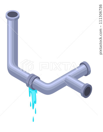 Leaking pipes isometric. Broken pipe tube with leaking water. Plumbing construction pipeline with damage element. 3d industrial water system Leaking pipes isometric. Broken pipe tube with leaking water. Plumbing construction pipeline with damage element. 3d industrial water system 111306786