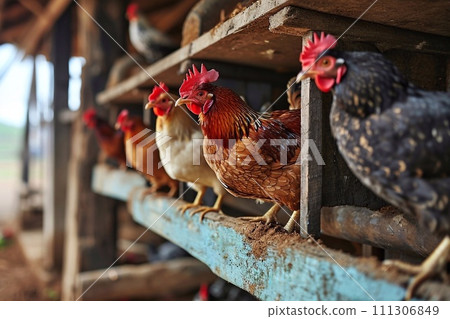 Rooster and chickens on the farm, closeup. 111306849