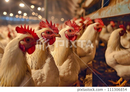 chickens in a henhouse on a farm. 111306854