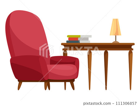 Modern furniture for home and office interior vector illustration. Cartoon isolated stylish table and chair contemporary cozy accessories and decor Modern furniture for home and office interior vector illustration. Cartoon isolated stylish table and chair contemporary cozy accessories and decor 111306857