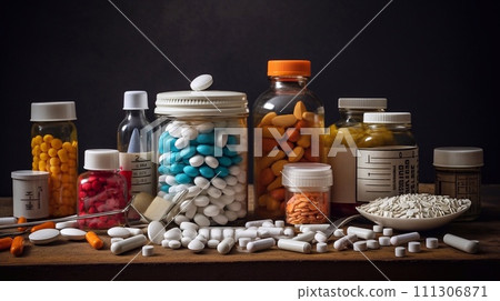 Assorted pills and capsules on wooden table. 111306871