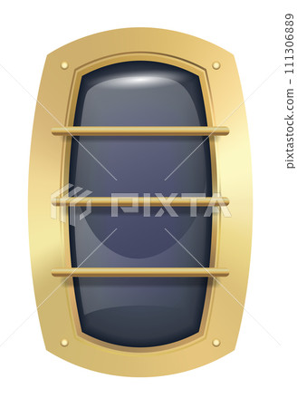 Porthole window icon. Safe round metalic spaceship illuminator decent. Vector steel window hole. Cruise aircraft porthole or fuselage cabin window 111306889
