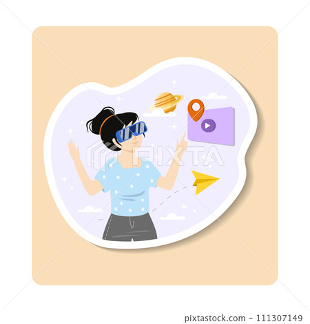 Interactive simulations sticker illustration. Cyberspace. Metaverse Digital Virtual Reality Technology. Innovation Interactive Education at Home. Woman in VR Glasses Interactive simulations sticker illustration. Cyberspace. Metaverse Digital Virtual Reality Technology. Innovation Interactive Education at Home. Woman in VR Glasses 111307149