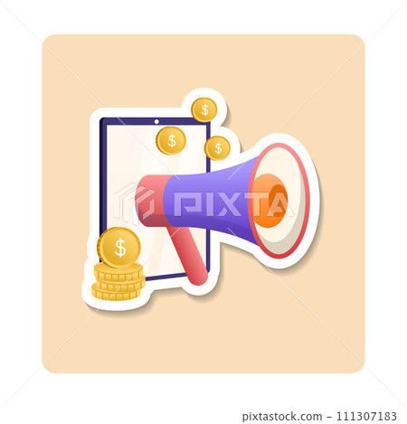 Advertising sticker illustration. Loudspeaker, coin, screen, tablet. Editable vector graphic design. 111307183