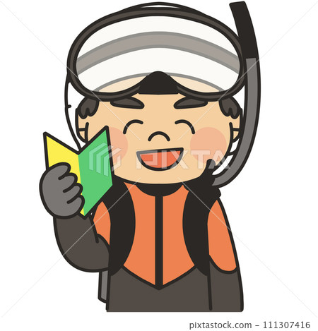 Illustration of a Japan Coast Guard diver raising his goggles and smiling while holding a beginner's mark 111307416