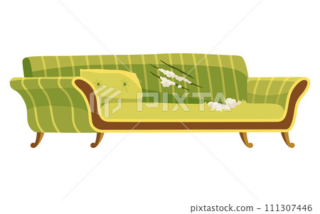 Broken sofa icon. Torn old couche for living room isolated on white background. Damaged indoor old furniture messy seat of sofa. Vector interior object in cartoon style 111307446