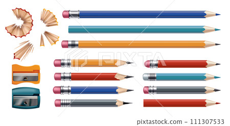 Pencil mockup realistic. Colored wooden graphite pencils with shavings and sharpener. School office stationery, creative design vector bright set 111307533