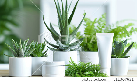 Skincare tubes amid aloe plants, merging natural ingredients with beauty care 111307631