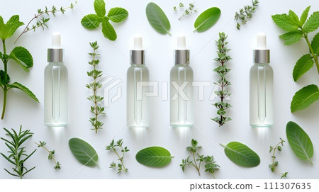 Glass dropper bottles surrounded by fresh aromatic herbs, epitomizing pure herbal skincare 111307635