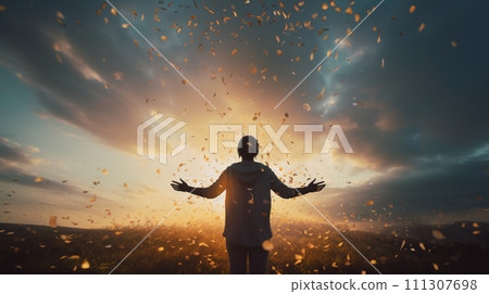 A person standing in front of the shining sky (16:9) A person standing in front of the shining sky (16:9) 111307698