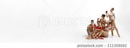 Tangled life. Group of young people, ballet dancers sitting on floor with red tangled string against white studio background 111308082