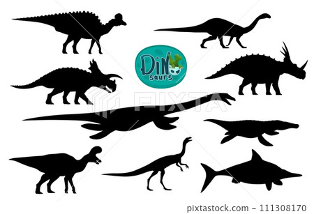 Cartoon dinosaurs cute characters silhouettes. Ichthyosaurus, Elaphrosaurus, Mussaurus extinct reptiles, Corythosaurus, Avaceratops, Elasmosaurus dinosaurs personages isolated vector silhouettes 111308170