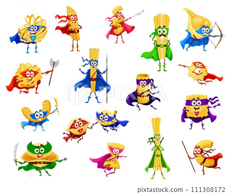Cartoon Italian pasta food superhero characters. Penne, tagliatelle, cannelloni and conchiglioni, ravioli, farfalle Italian pasta superhero funny mascots, isolated vector cute personages with weapon 111308172