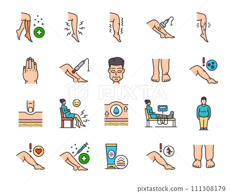 Edema line icons, disease of leg ankle and foot swelling, symptoms and treatment vector symbols. Edema lymphatic vascular or obesity sickness of legs and feet, diagnosis and medical care linear icons Edema line icons, disease of leg ankle and foot swelling, symptoms and treatment vector symbols. Edema lymphatic vascular or obesity sickness of legs and feet, diagnosis and medical care linear icons 111308179