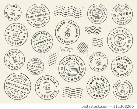Postage and postal stamps and mail post labels, country vintage letter or postcard vector icons. Retro postage or postmark stamps with date seal from New York, Australia Sydney or Texas and California 111308200