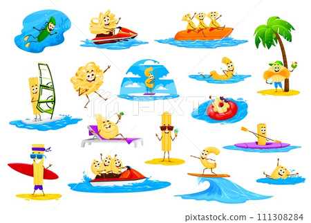 Cartoon pasta characters on summer beach vacation. Cute italian macaroni food vector personages swimming and diving in sea waves. Funny spaghetti, farfalle, penne, fusilli with surfboards, sunglasses Cartoon pasta characters on summer beach vacation. Cute italian macaroni food vector personages swimming and diving in sea waves. Funny spaghetti, farfalle, penne, fusilli with surfboards, sunglasses 111308284