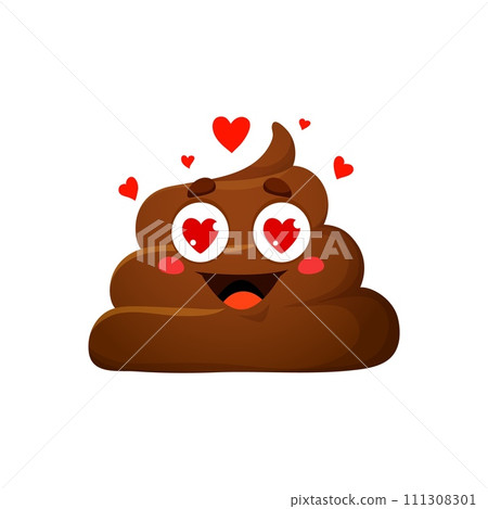 Cartoon poop emoji with love hearts in eyes, vector funny poo excrement character. Happy toilet shit emoticon or smile with in love expression on face for comic poop or chat poo emoji 111308301
