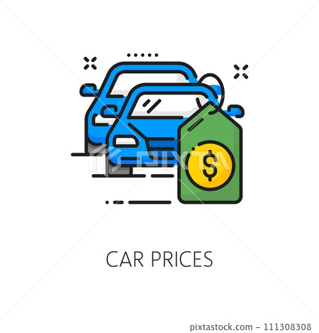 Car prices line icon, dealership and auto dealer best offer for automobile buy, vector symbol. Used cars and new auto sales service, price tag line icon for cars purchase and best trade price offer Car prices line icon, dealership and auto dealer best offer for automobile buy, vector symbol. Used cars and new auto sales service, price tag line icon for cars purchase and best trade price offer 111308308