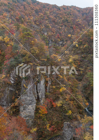 Autumn leaves and gorge seen from Ofukazawa Bridge in Naruko Gorge in Naruko Onsen, Osaki City, Miyagi Prefecture, Japan Autumn leaves and gorge seen from Ofukazawa Bridge in Naruko Gorge in Naruko Onsen, Osaki City, Miyagi Prefecture, Japan 111308360