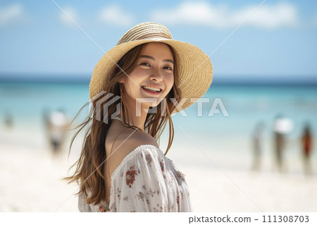 Woman on the beach (white dress, straw hat) 111308703