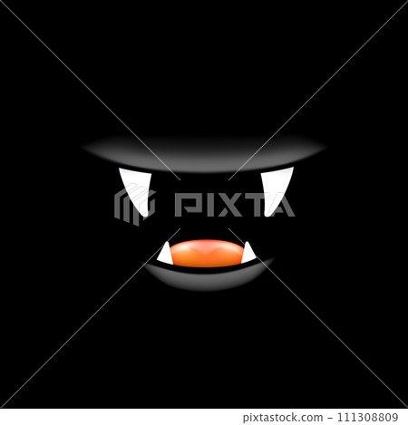 Vector Cartoon open mouth with fangs isolated on black background. Funny and cute black funny Halloween Monster open mouth with big vampire fangs. jaws and mouth of the beast cartoon illustration Vector Cartoon open mouth with fangs isolated on black background. Funny and cute black funny Halloween Monster open mouth with big vampire fangs. jaws and mouth of the beast cartoon illustration 111308809