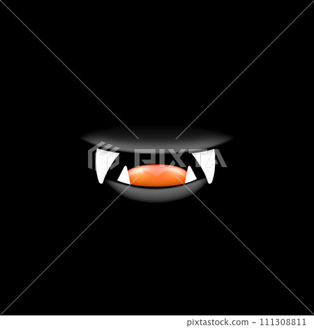 Vector Cartoon open mouth with fangs isolated on black background. Funny and cute black funny Halloween Monster open mouth with big vampire fangs. jaws and mouth of the beast cartoon illustration Vector Cartoon open mouth with fangs isolated on black background. Funny and cute black funny Halloween Monster open mouth with big vampire fangs. jaws and mouth of the beast cartoon illustration 111308811