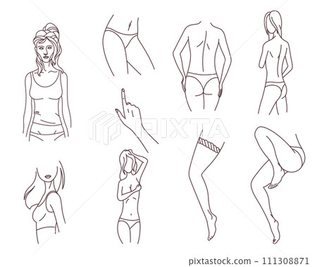 Female body parts. Sensual woman. Body positivity, self love, femininity concept. Character wears underwear, bra and panties. Linear flat vector illustration on white background 111308871
