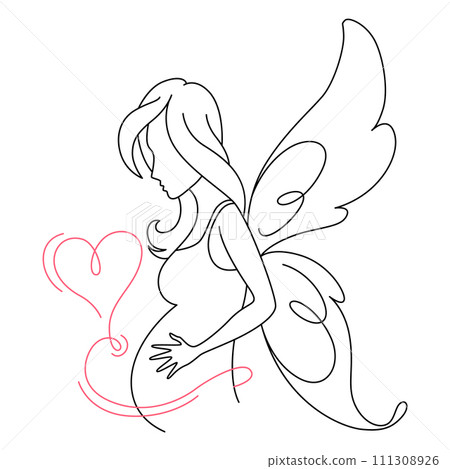 Pregnant Woman in continuous line drawing. Healthy pregnancy and birth baby symbol in simple linear style. Doodle outline vector illustration 111308926