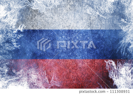 Closeup of grunge Flag of Russia. Frozen Russian flag Closeup of grunge Flag of Russia. Frozen Russian flag 111308931