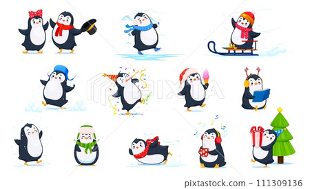 Cartoon cute funny penguin characters doing Christmas winter holiday activities. Happy penguin birds vector personages with snow, sled, hats and scarves, Xmas tree, gift, ice skates and snowballs Cartoon cute funny penguin characters doing Christmas winter holiday activities. Happy penguin birds vector personages with snow, sled, hats and scarves, Xmas tree, gift, ice skates and snowballs 111309136