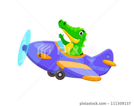 Baby animal character on plane. Cartoon animal crocodile kid airplane pilot. Isolated vector cute alligator cub joyfully maneuvers a tiny vintage aeroplane through the skies with its adventurous charm 111309137