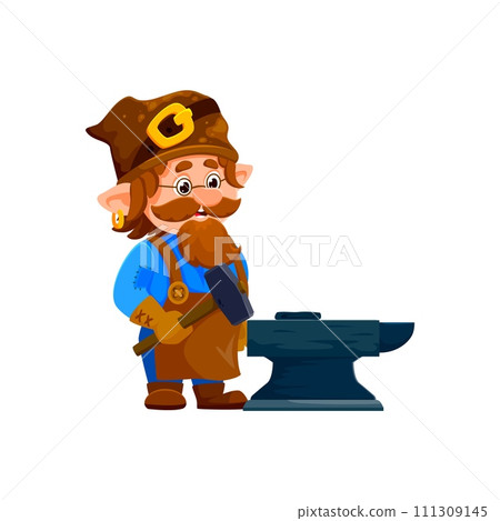Cartoon gnome or dwarf blacksmith character. Isolated vector quirky personage in a pointed hat and leather apron, skillfully hammers away at an anvil, creating magical and fantastical metalwork 111309145