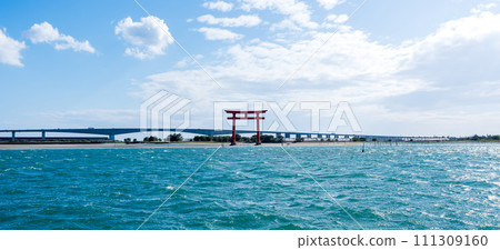 Red Torii Bentenjima tourism symbol tower Torii floating in the sea 111309160