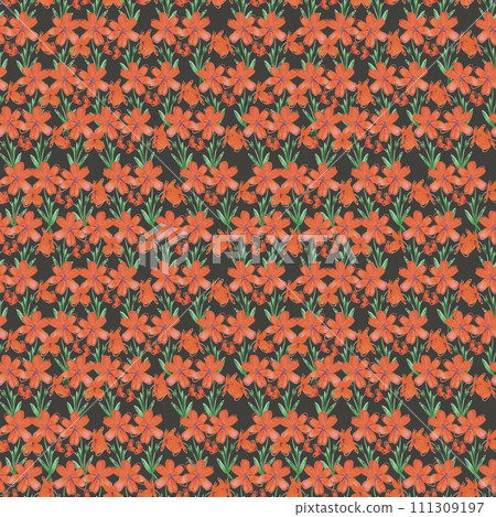 Hand drawn watercolor abstract orange daisy flowers bouquet seamless pattern isolated on dark background. Can be used for textile, fabric and other printed products. Hand drawn watercolor abstract orange daisy flowers bouquet seamless pattern isolated on dark background. Can be used for textile, fabric and other printed products. 111309197