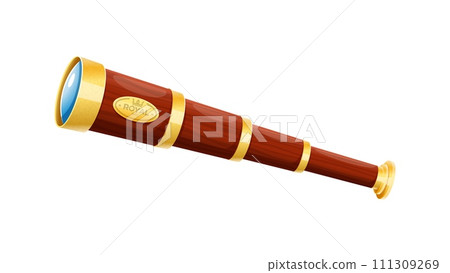 Cartoon spyglass, vintage nautical pirate telescope. Isolated vector navigation instrument for looking on distance. Captain or sailor optical tool, naval equipment, marine retro glass item Cartoon spyglass, vintage nautical pirate telescope. Isolated vector navigation instrument for looking on distance. Captain or sailor optical tool, naval equipment, marine retro glass item 111309269