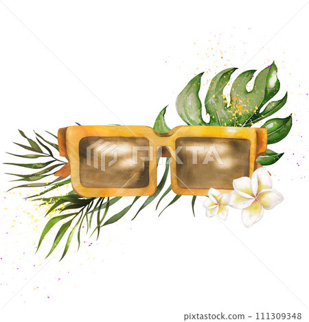 summer watercolor illustration Summer hand-drawn objects: sunglasses, palm branches and leaves, plumeria flowers. highlight them on a white background. for summer textile accessories 111309348