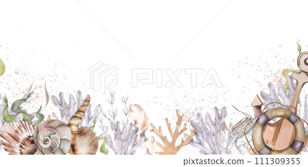 marine-themed banner. shells, corals, starfish, algae, anchor, lifebuoy. watercolor illustration. isolated on a white background. For fabric, textiles, wallpaper, clothing beach, summer accessories marine-themed banner. shells, corals, starfish, algae, anchor, lifebuoy. watercolor illustration. isolated on a white background. For fabric, textiles, wallpaper, clothing beach, summer accessories 111309355